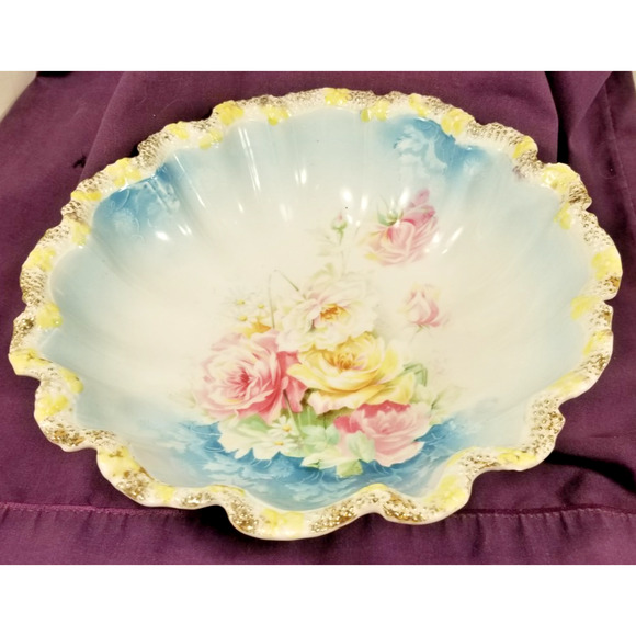 Antique RS Prussia Pink Roses Gold Trim Porcelain Bowl 9.5" Gilded Age - Picture 3 of 9